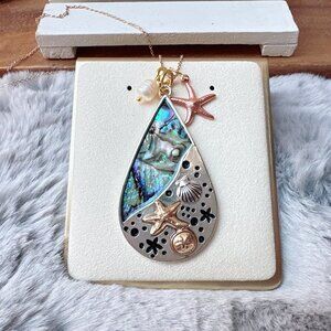 Abalone Sea Life & Freshwater Pearl Pendant Long Necklace with Starfish Charm